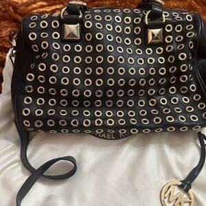 Michael Kors Black Leather Grommet Shoulder Bag with Gold Hardware